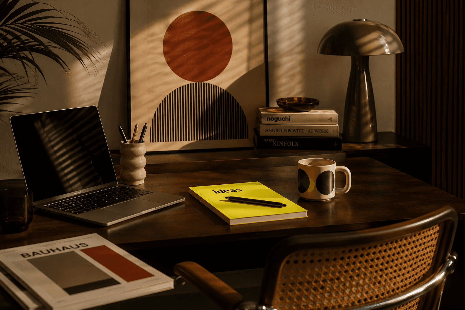 Desk with laptop and moodboard prints in warm light