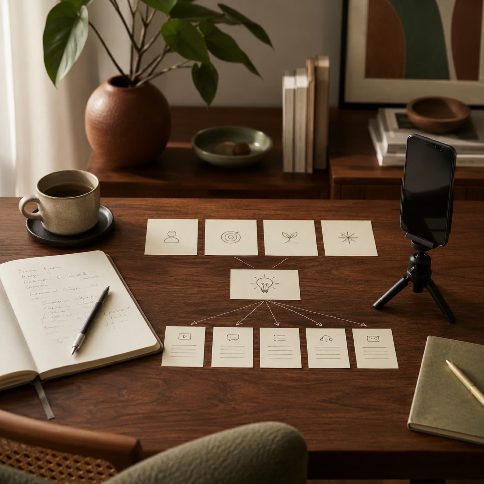 Handwritten idea cards mapped out on a desk beside a phone on a tripod
