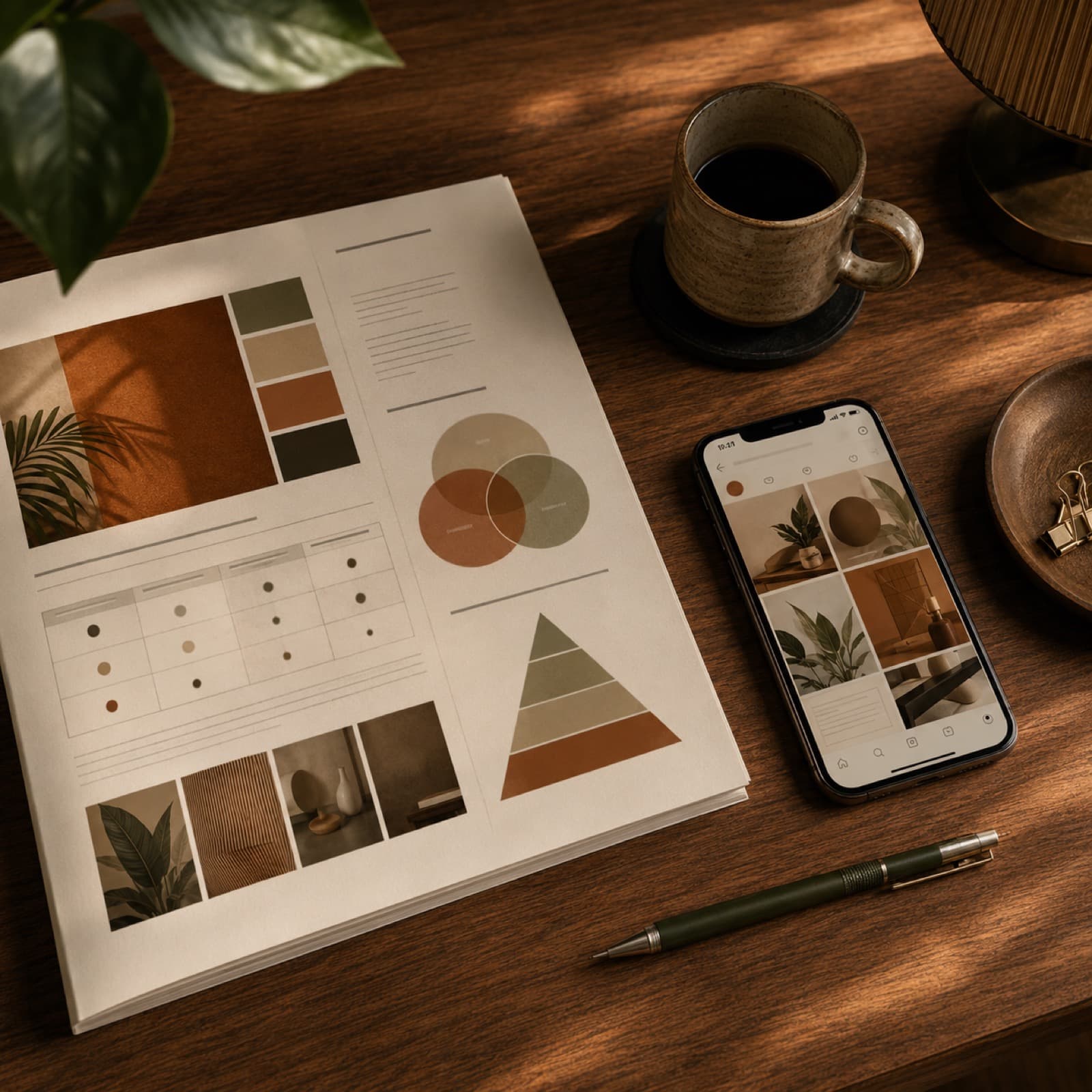 A brand strategy mood board and phone showing an Instagram grid on a wooden desk
