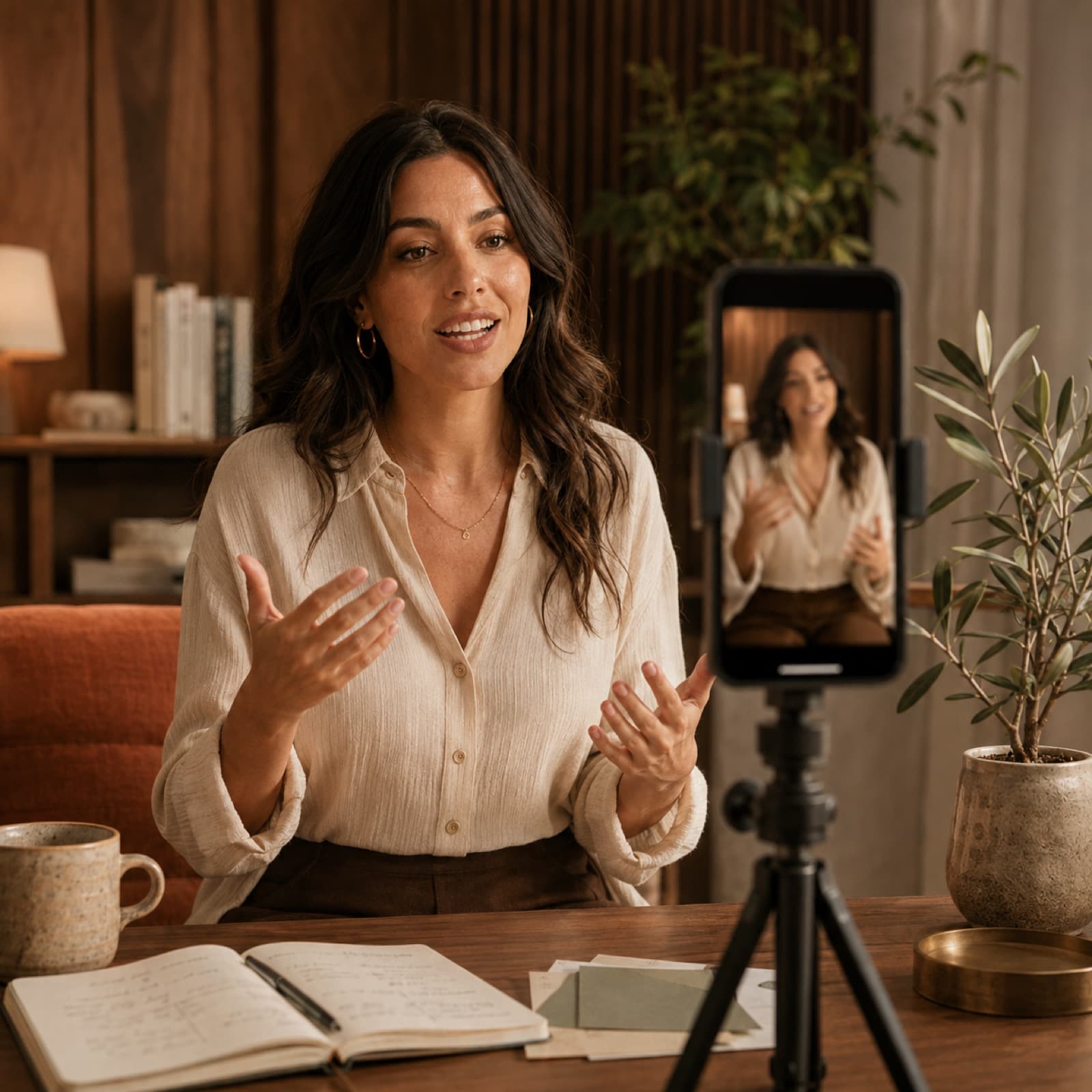 A woman recording a talking-head video on a phone mounted on a tripod