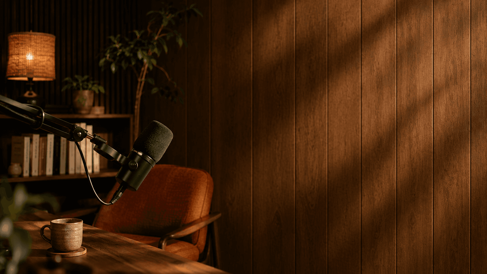 Podcast microphone in a warm, wood-paneled studio
