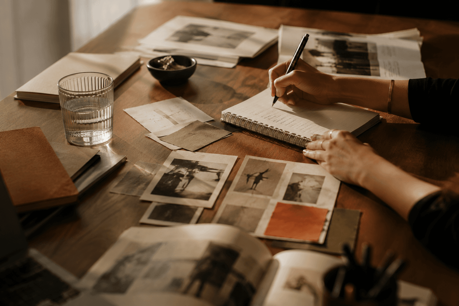 Hand writing in a notebook surrounded by reference photos